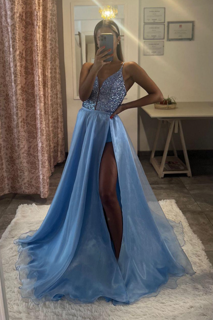 Elegant Blue Lace-Up V-Neck Spaghetti Strap Long Prom Dress featuring a Stylish Slit