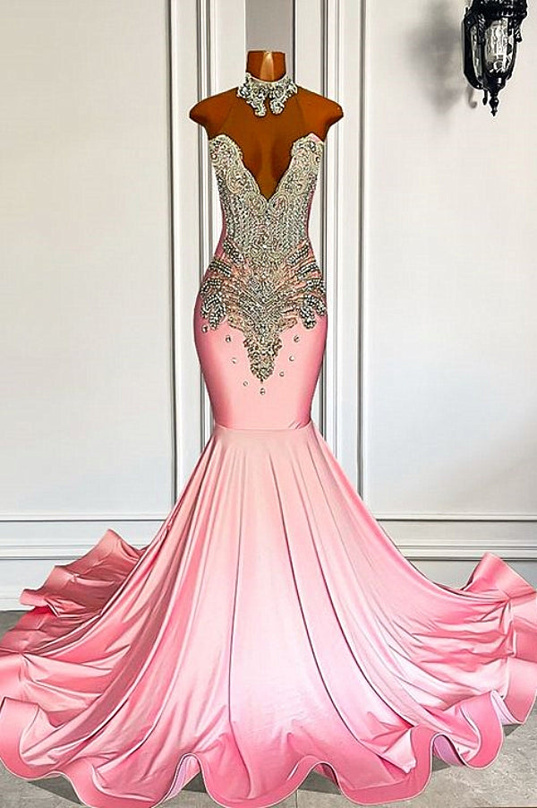 Sweetheart Silver Beaded Pink Mermaid Satin Prom Dress