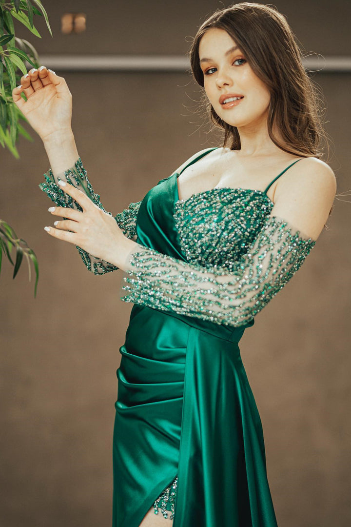 Emerald Off-The-Shoulder Sequins Prom Dress With Slit Pleated