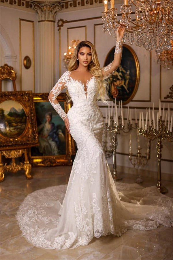 Bmbride Mermaid Sweetheart Tulle Lace Long Sleeves Wedding Dress with Train