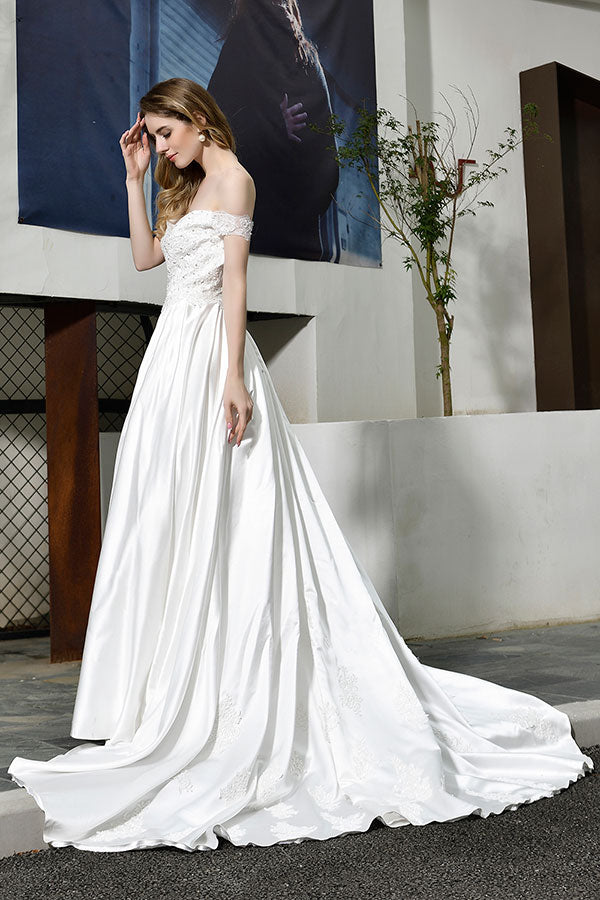 Bmbride Off-the-Shoulder Appliques Satin Bridal Gown