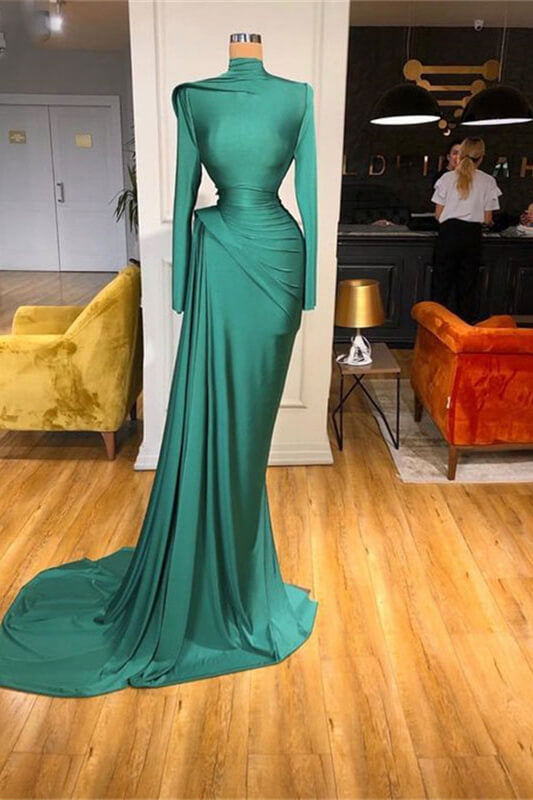 High Neck Green Long Sleeves Mermaid Prom Dress With Ruffle