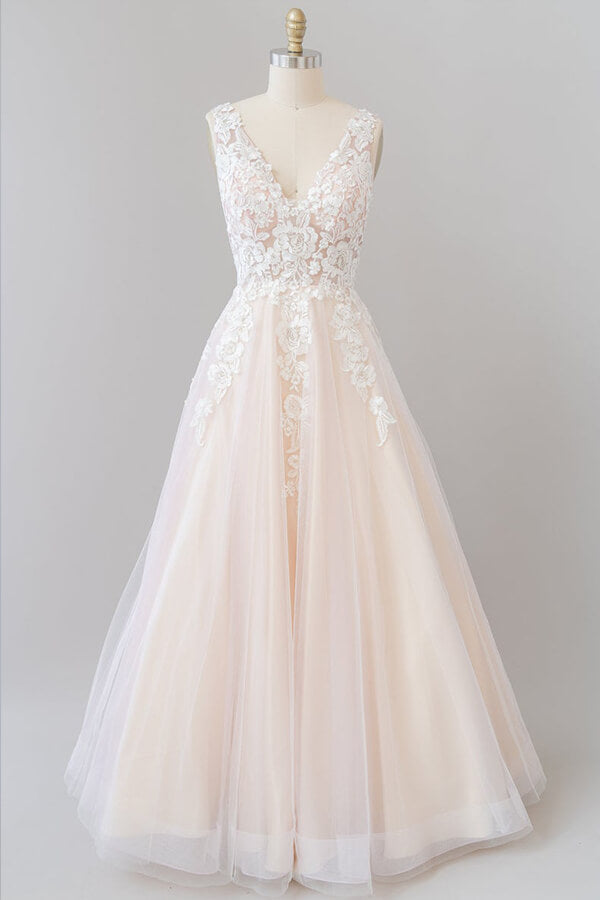 Bmbride Floor length Wedding Dress with V-neck Appliques in Tulle