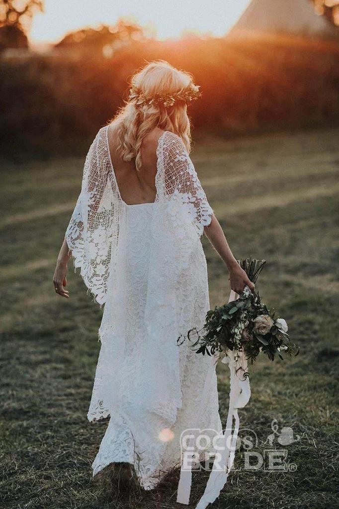 Bmbride Boho Ivory Wedding Dress with Batwing Sleeves and Rustic Lace Back