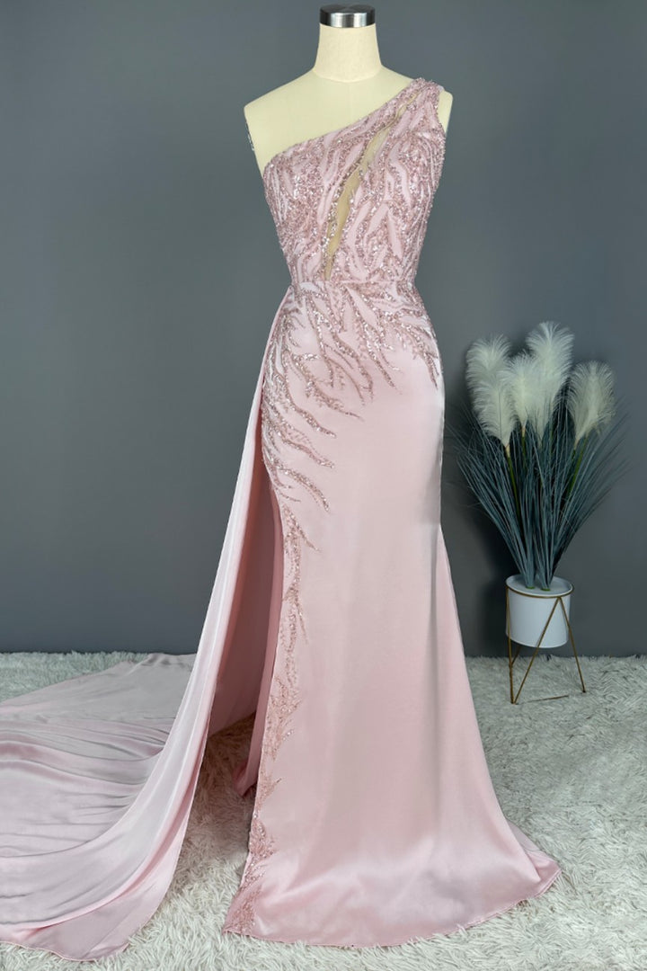 Blushing Pink Prom Dress Long Party Mermaid Sequins Sleeveless One Shoulder