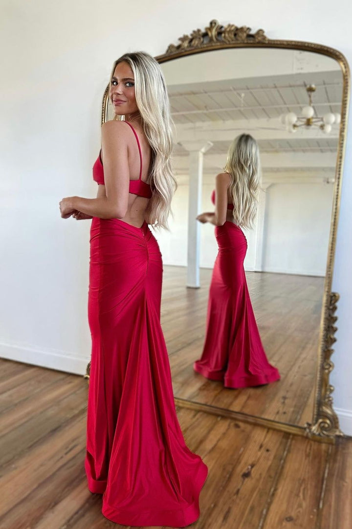 Red Spaghetti Strap Long Mermaid Beads Taping Prom Dress Simple