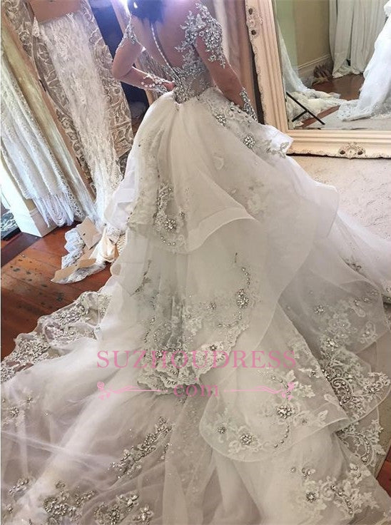 Bmbride Elegant Long Sleeves Tulle High Neck Appliques Wedding Dresses with Removable Overskirt