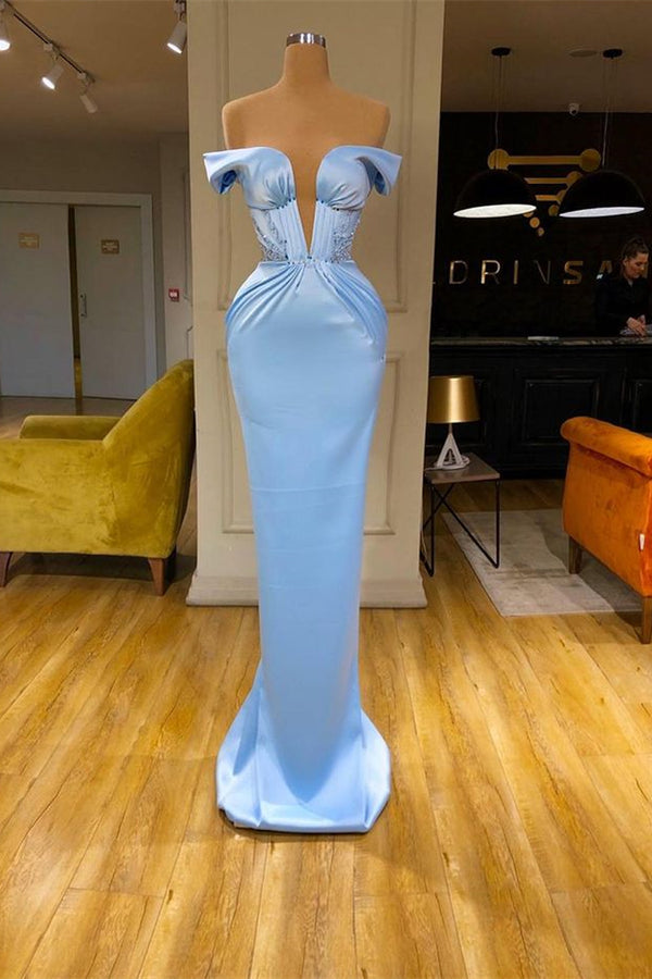 Online Sky Blue Mermaid V-Neck Off-The-Shoulder Prom Dress