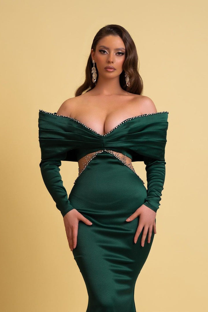 Emerald Green Prom Dress: Off-the-shoulder Charmeuse V Neck Mermaid