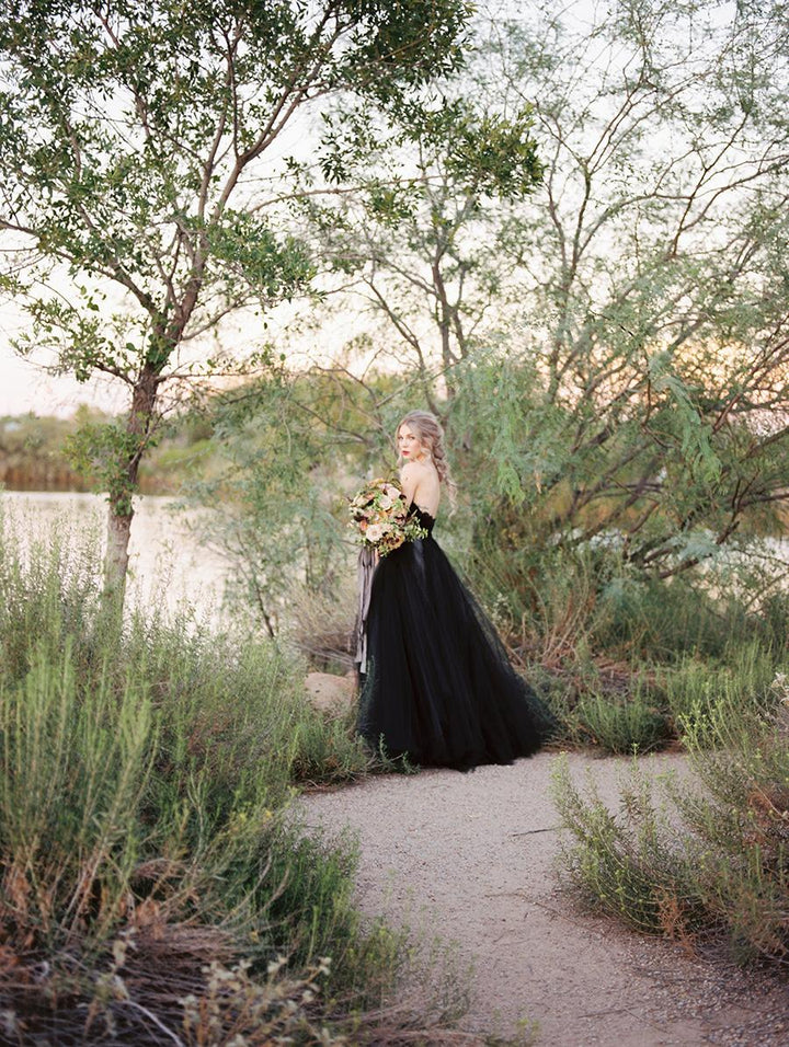 Bmbride Long Black Tulle Wedding Dress with Lace