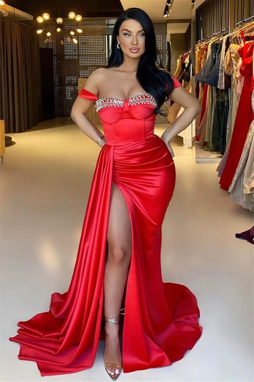 Mermaid Off-The-Shoulder Red Split Evening Dress With Beadings Sweetheart Neckline Long Length and Ruffles