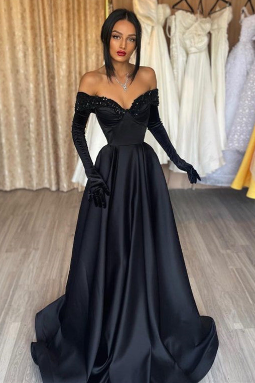 Off-the-shoulder Black Prom Dress with Long Mermaid Gloves
