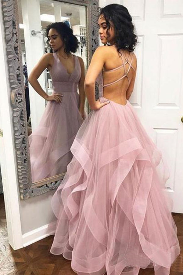 Sleeveless V-Neck Prom Dress with Tulle Ruffles