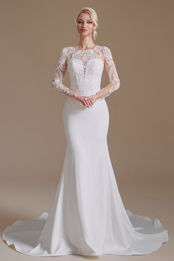 Bmbride Long Elegant Mermaid Wedding Dress with Jewel Satin Lace Sleeves