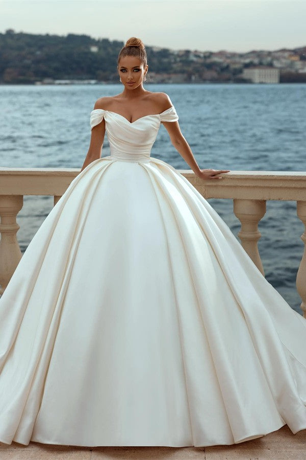 Bmbride Elegant Long Ball Gown Off Shoulder Satin Bridal Dress