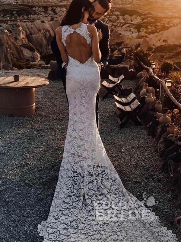 Bmbride Lace Open Back Beach Mermaid Wedding Dress