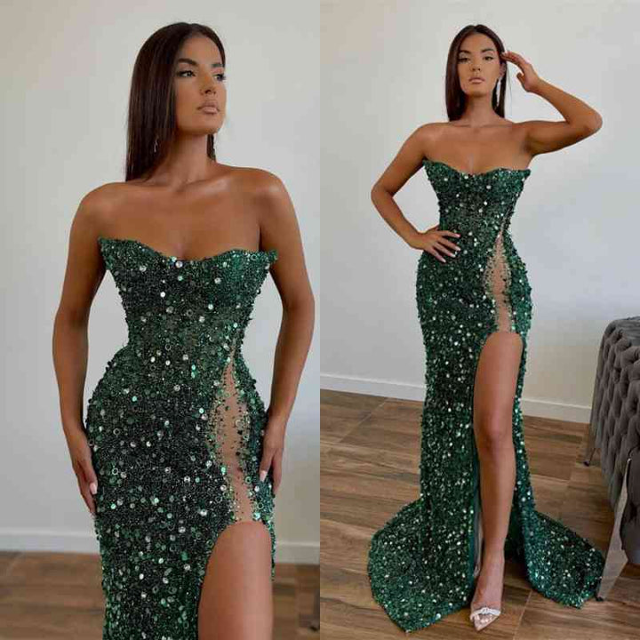 Evening Dress: Dark Green with Sequins Sleeveless Slit Strapless