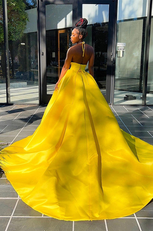 Yellow Halter V Neck Mermaid Long Pleated Evening Dress