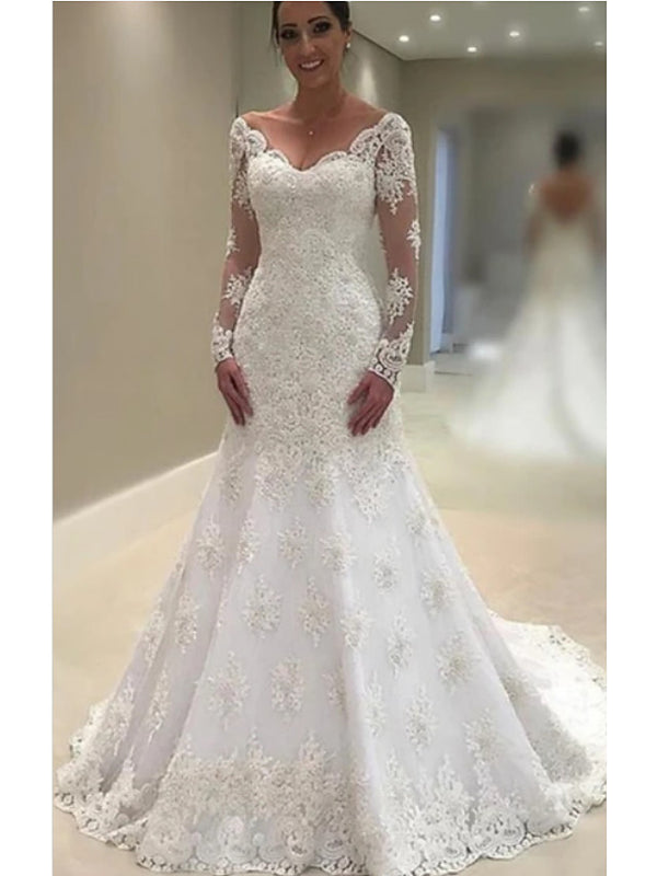 Bmbride Illusion Sleeve Plus Size Wedding Dress with A-Line V Neck Court Train Lace Tulle Charmeuse and Long Sleeves