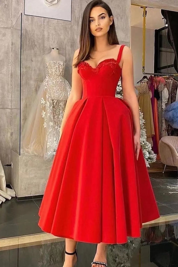 Sweetheart Tea-length Evening Dress With Red Straps and Appliques