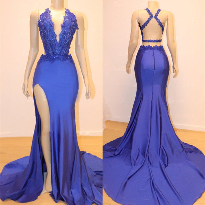 Halter Mermaid Prom Dress in Blue with Split and Lace Appliques