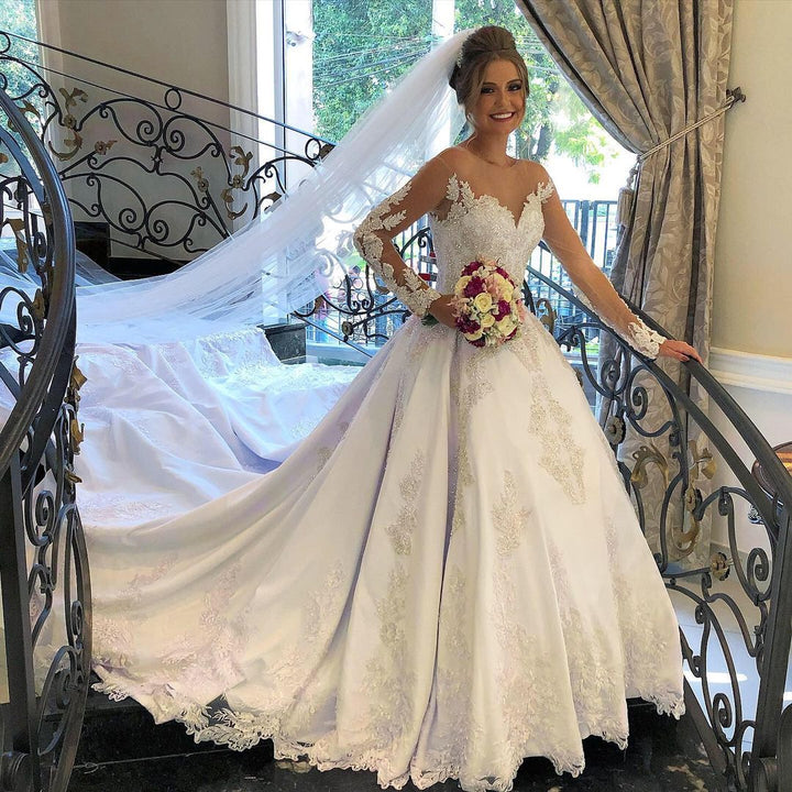 Bmbride A-line Sweetheart Satin Long Sleeves Wedding Dress