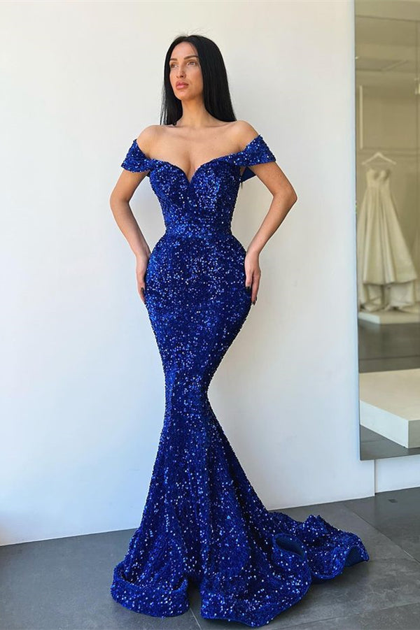 Sweetheart Off-The-Shoulder Evening Dress - Royal Blue Mermaid with Sequins