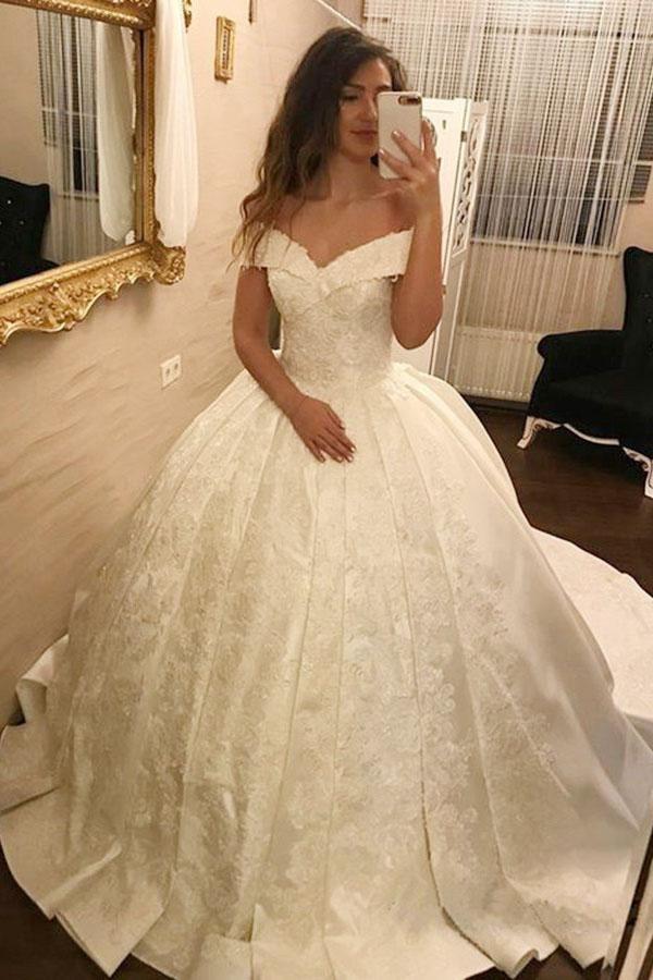 Bmbride Off-the-Shoulder Ivory Ball Gown Wedding Dress with Pleated Satin Lace Appliques