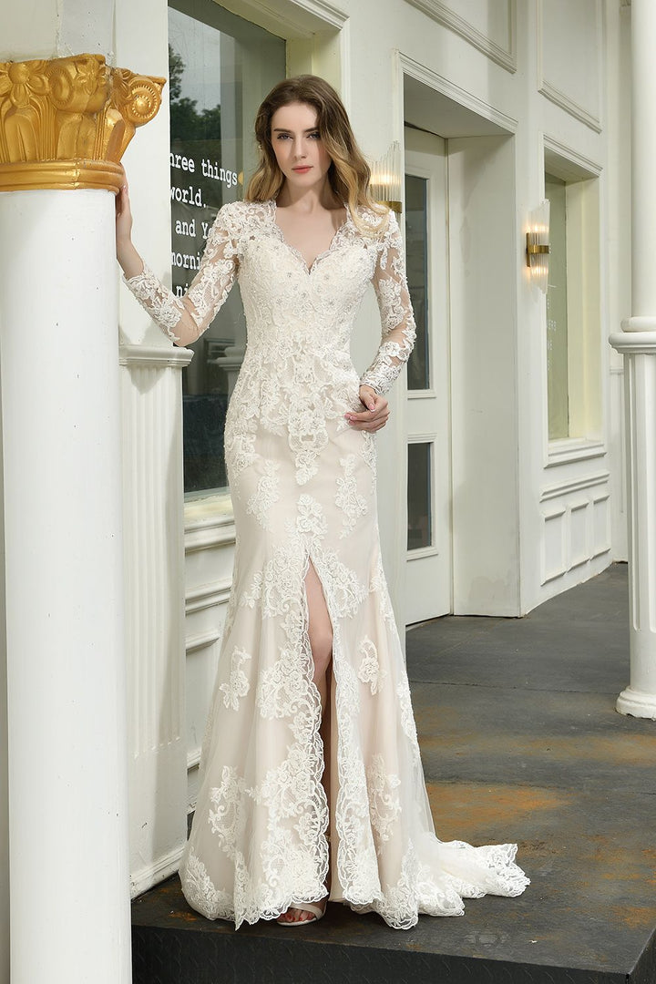 Bmbride Elegant V-Neck Long Sleeve Mermaid Bridal Gown