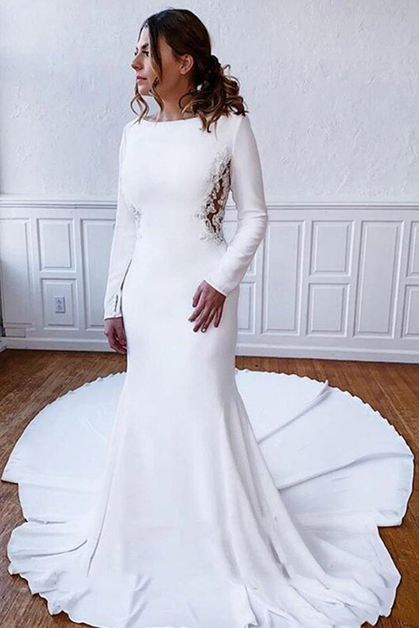 Bmbride Simple Long Sleeve Illusion Lace Back Sheath Wedding Dress