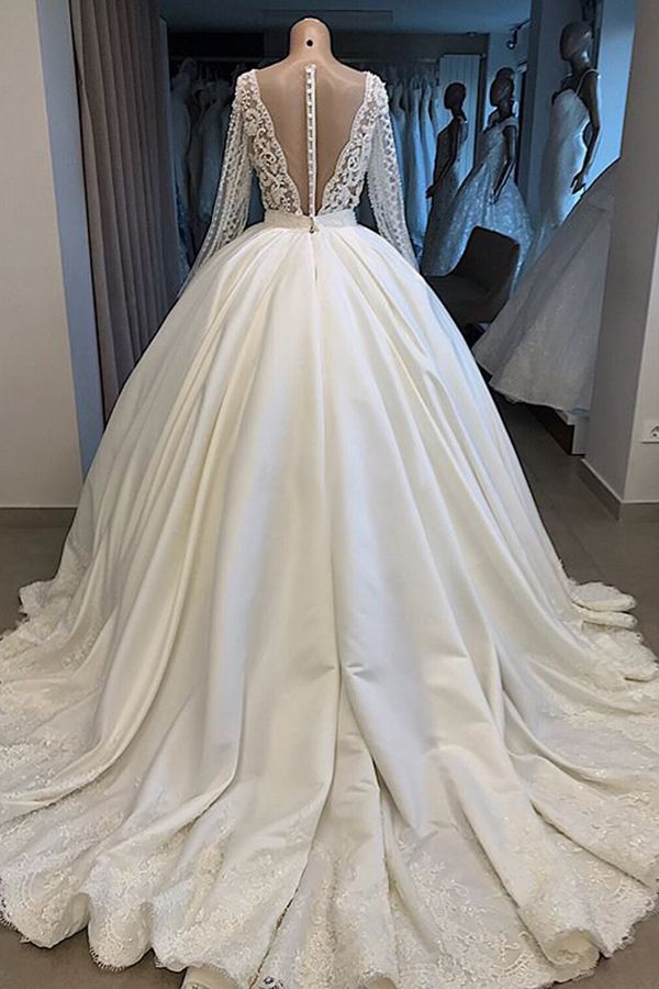 Bmbride Satin Wedding Dress with Long Sleeve V-neck and Ball Gown