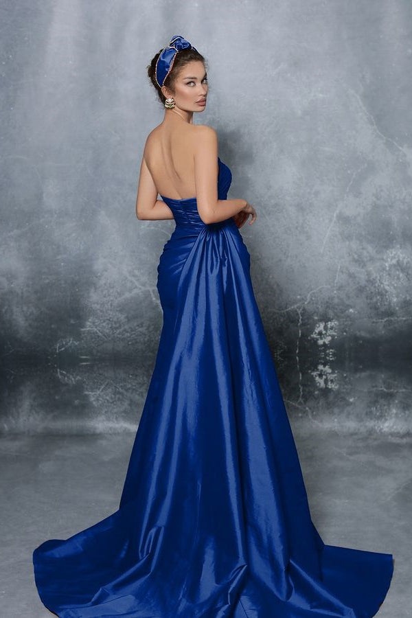 Blue Elegant Sleeveless Strapless Prom Dress with Pleated Slit