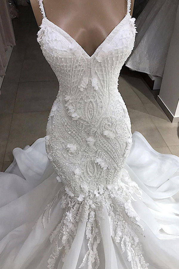 Bmbride Appliques Mermaid Wedding Dress with Spaghetti Straps