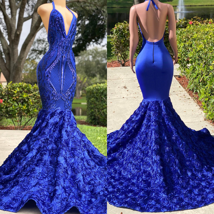 Royal Blue Halter V Neck Open Back Mermaid Sleeveless Prom Dress