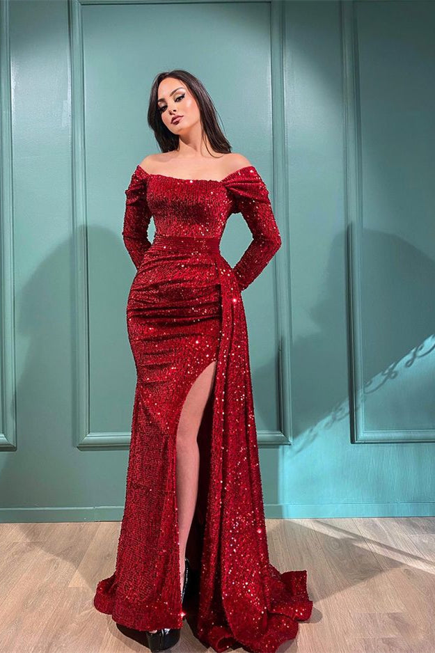 Split Mermaid Prom Dress With Detachable Ruffles in Burgundy