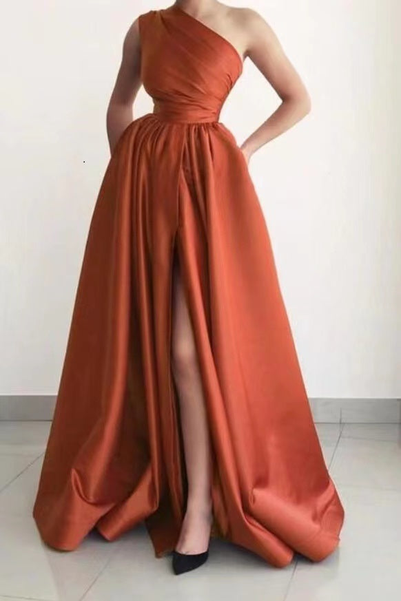 Elegant Prom Dress Burnt Orange One Shoulder A Line Split With Pockets