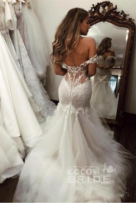 Bmbride Mermaid Lace Off the Shoulder Long Tulle Wedding Dress