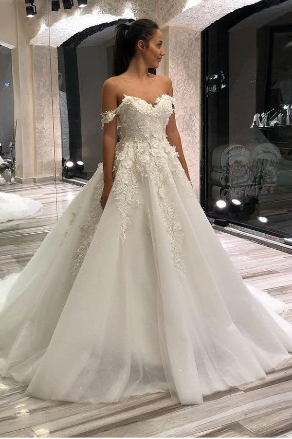 Bmbride A-Line Sweetheart Off-the-Shoulder Wedding Dress with Appliques Lace Tulle