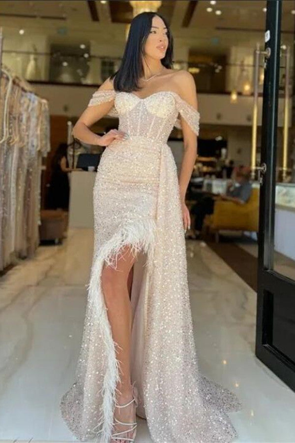 Charming Champagne Sequins Prom Dress Feather Off-The-Shoulder