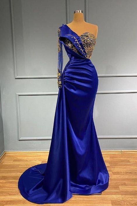 One Shoulder Long Sleeve Mermaid Prom Dress - Dark Blue With Beads