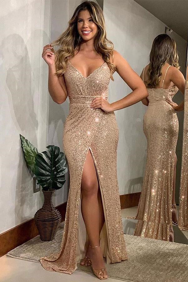 Sequins Evening Dress With Spaghetti Straps And Slit