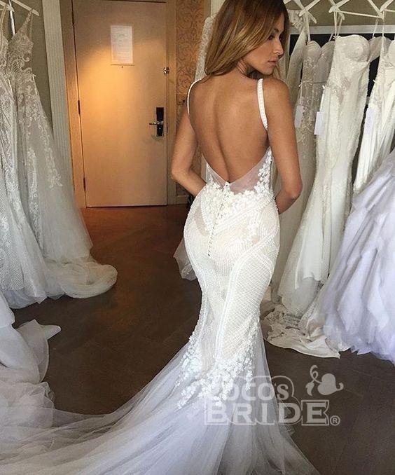 Bmbride Luxurious Deep V-neck Tulle Mermaid Wedding Dress