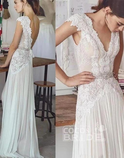 Bmbride V Neck Cap Sleeves Chiffon Beach Wedding Dress