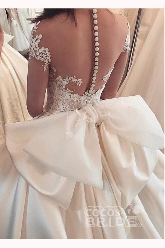 Bmbride Satin Sheer Neckline Ball Gown Appliques Bowknot Wedding Dress