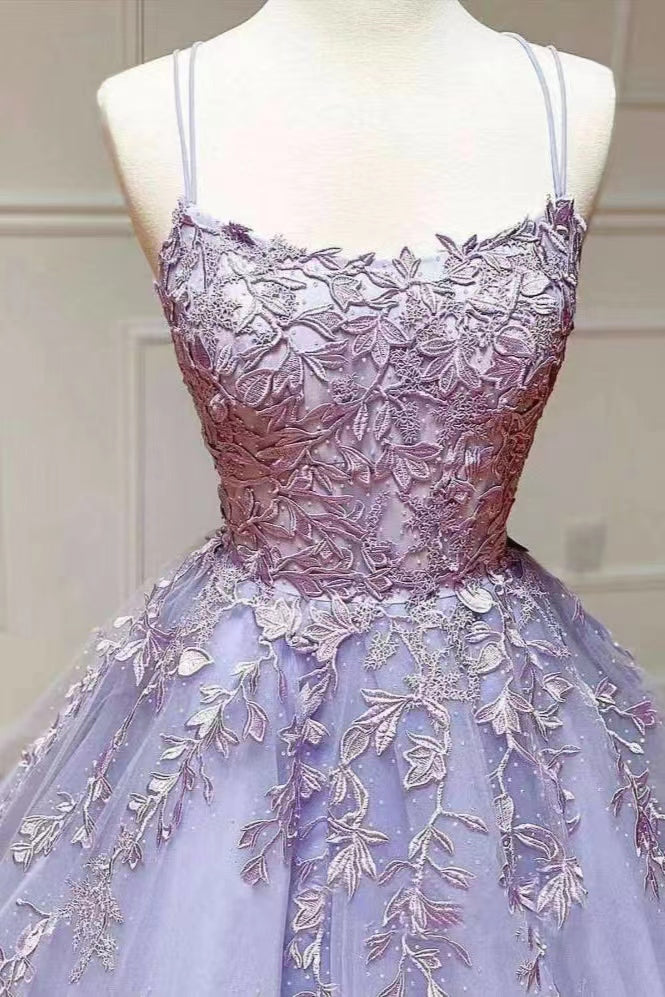 Spaghetti-Straps Lilac A-Line Evening Dress With Appliques and Tulle