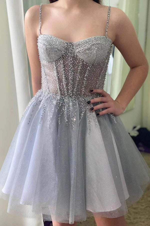 Silver Gray Sleeveless Short Prom Dress With Sequins Tulle Homecoming Dress