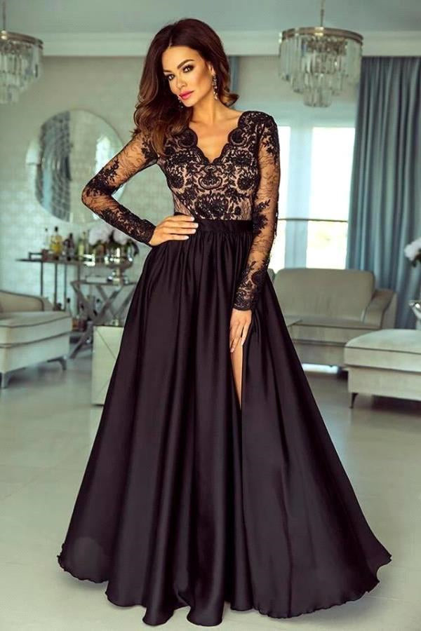 Black Prom Dress With Split Long Sleeves