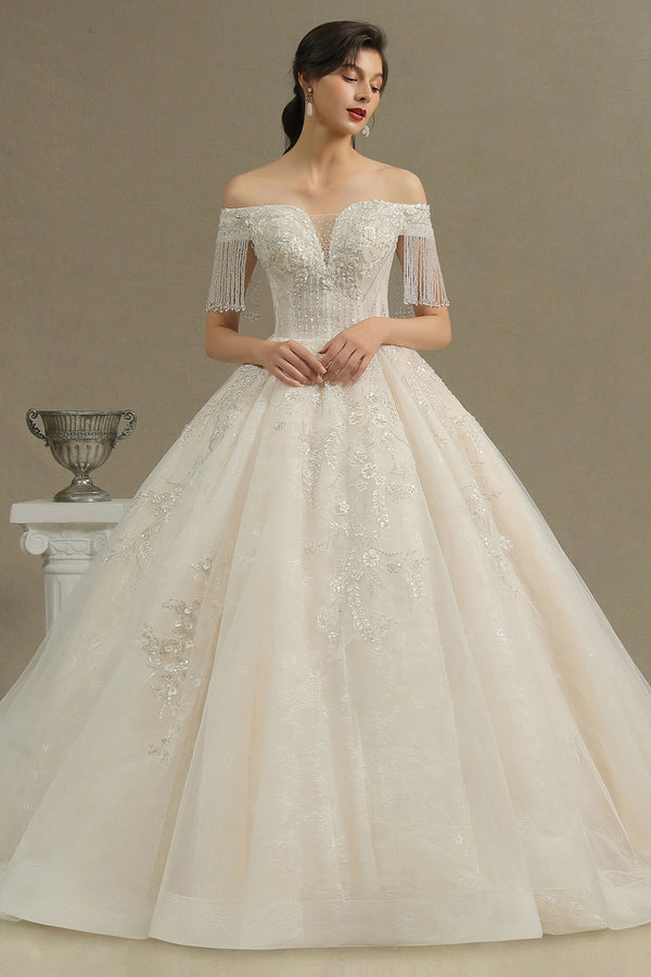 Bmbride CPH224 Off-the-shoulder Tassel Ball Gown Wedding Dress with Appliques and Beads