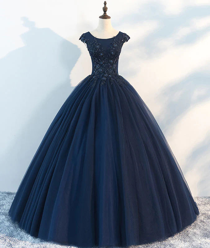 Sleeveless Prom Dress Navy Blue A-Line Lace Printed Evening Dress