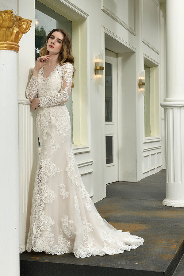 Bmbride Elegant V-Neck Long Sleeve Mermaid Bridal Gown